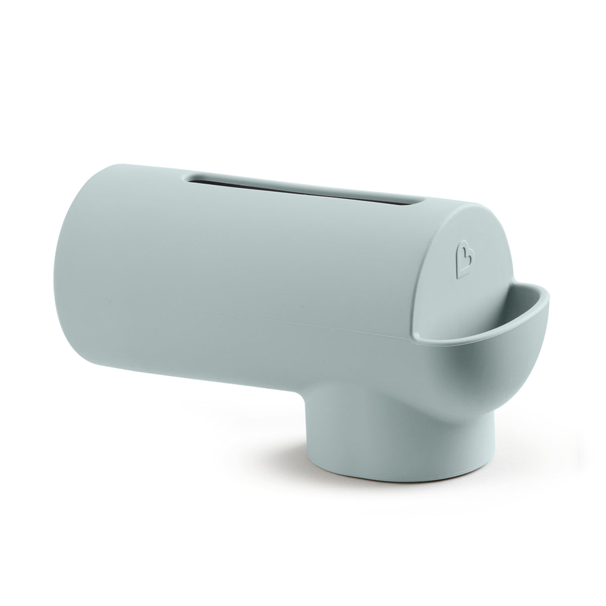 Sage green silicone bath spout cover with rinse cup scoop and heart emblem, on white background