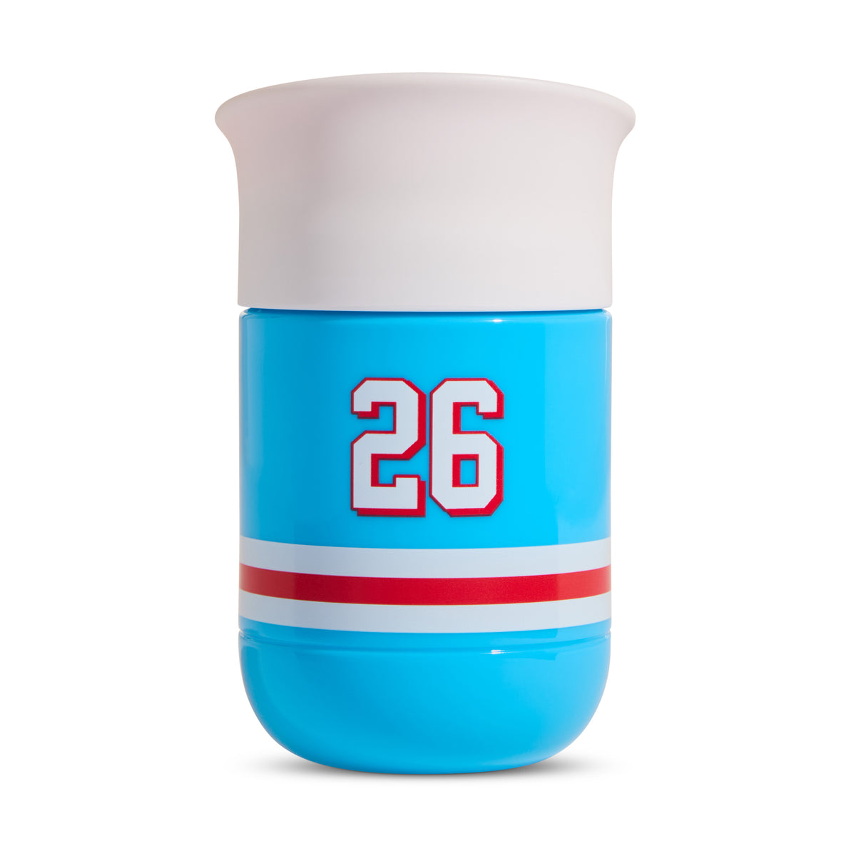 Blue toddler sippy cup with white silicone rim, red and white stripes, and varsity number 26 design