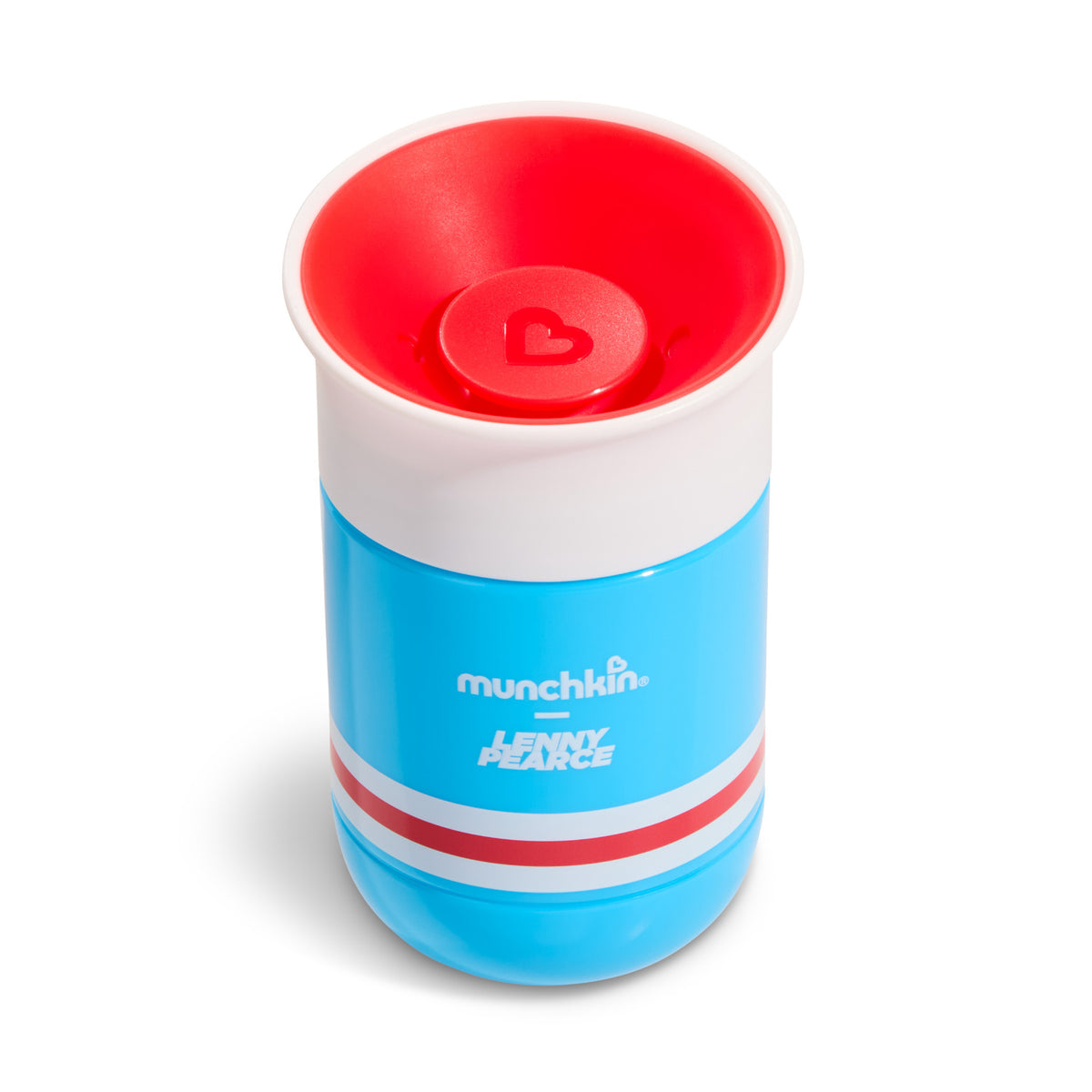 Blue and red Munchkin x Lenny Pearce 360 spoutless toddler sippy cup with white rim, on white background
