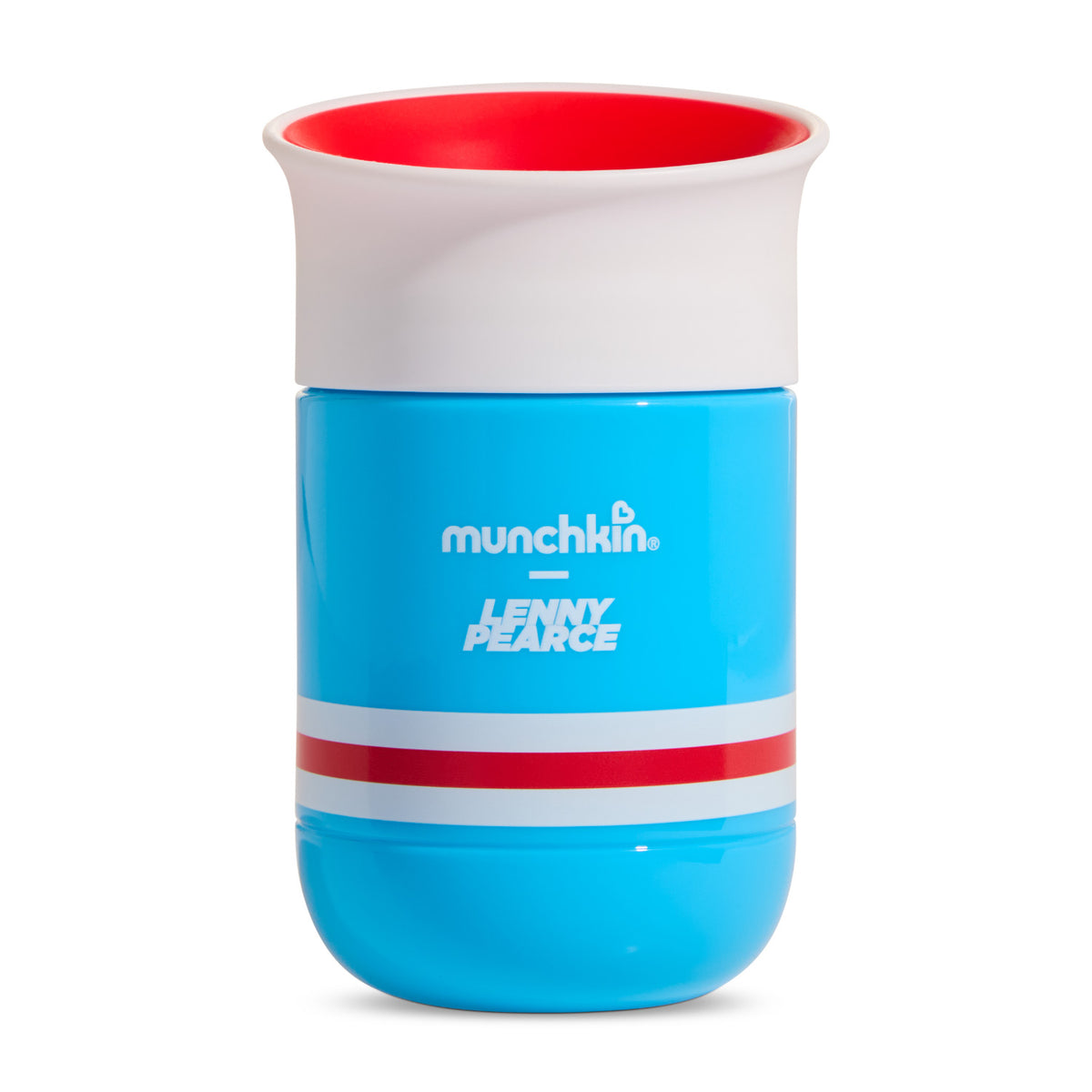 Blue toddler sippy cup with white 360 rim, red interior and red-and-white stripes, on white background