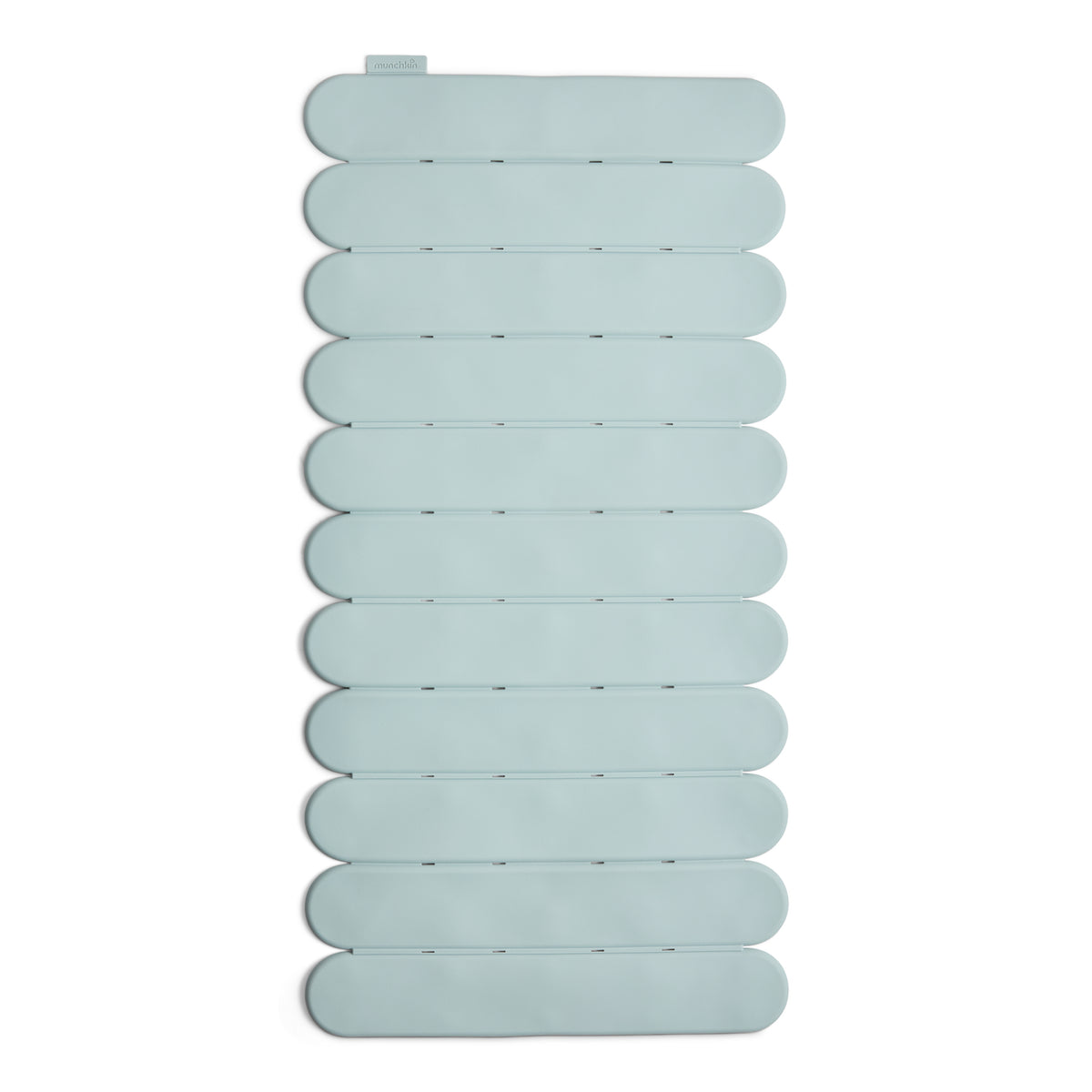 Light blue-green foldable silicone bath mat with slatted rounded panels, shown flat on white background