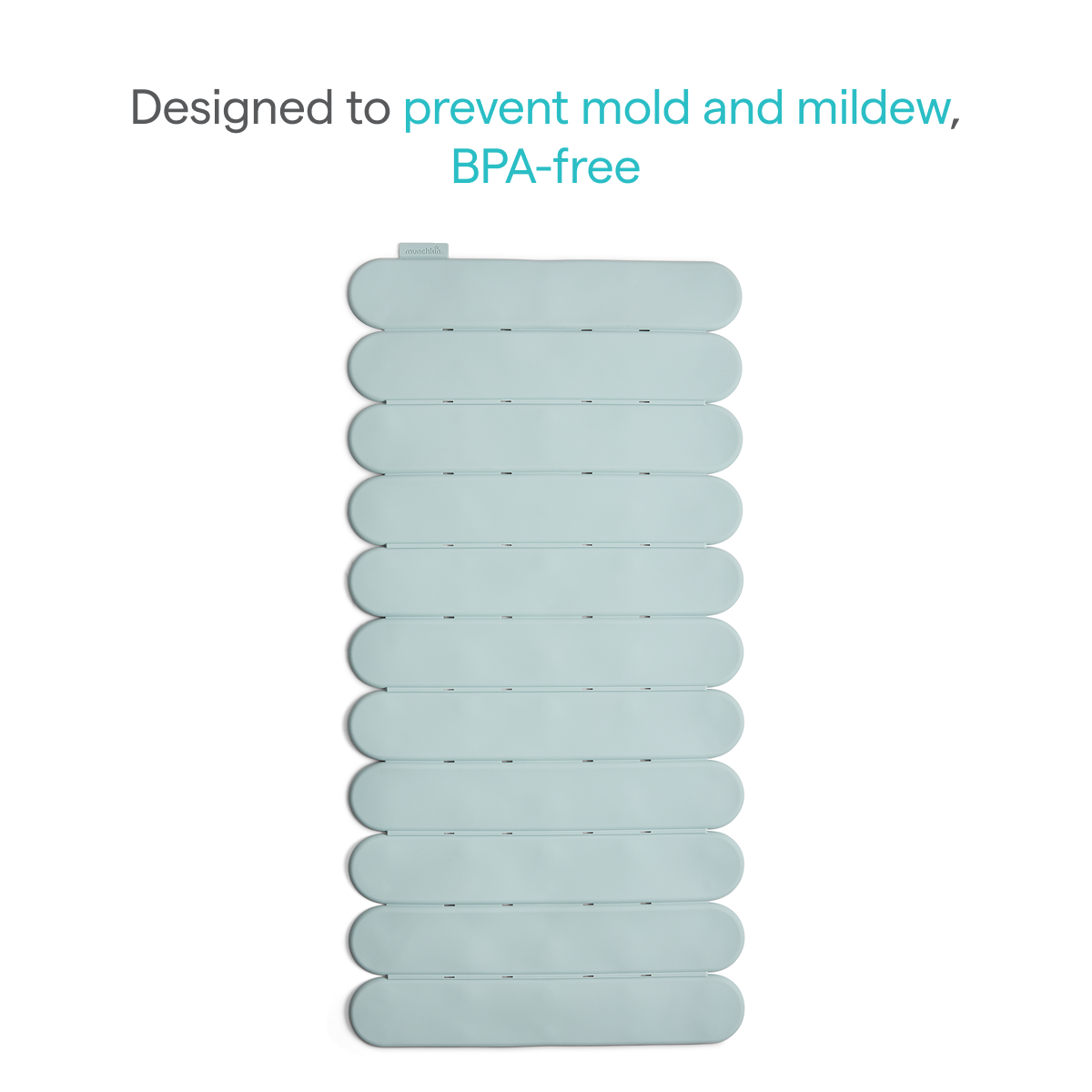 Sage green slatted foldable bath mat with text: Designed to prevent mold and mildew, BPA-free