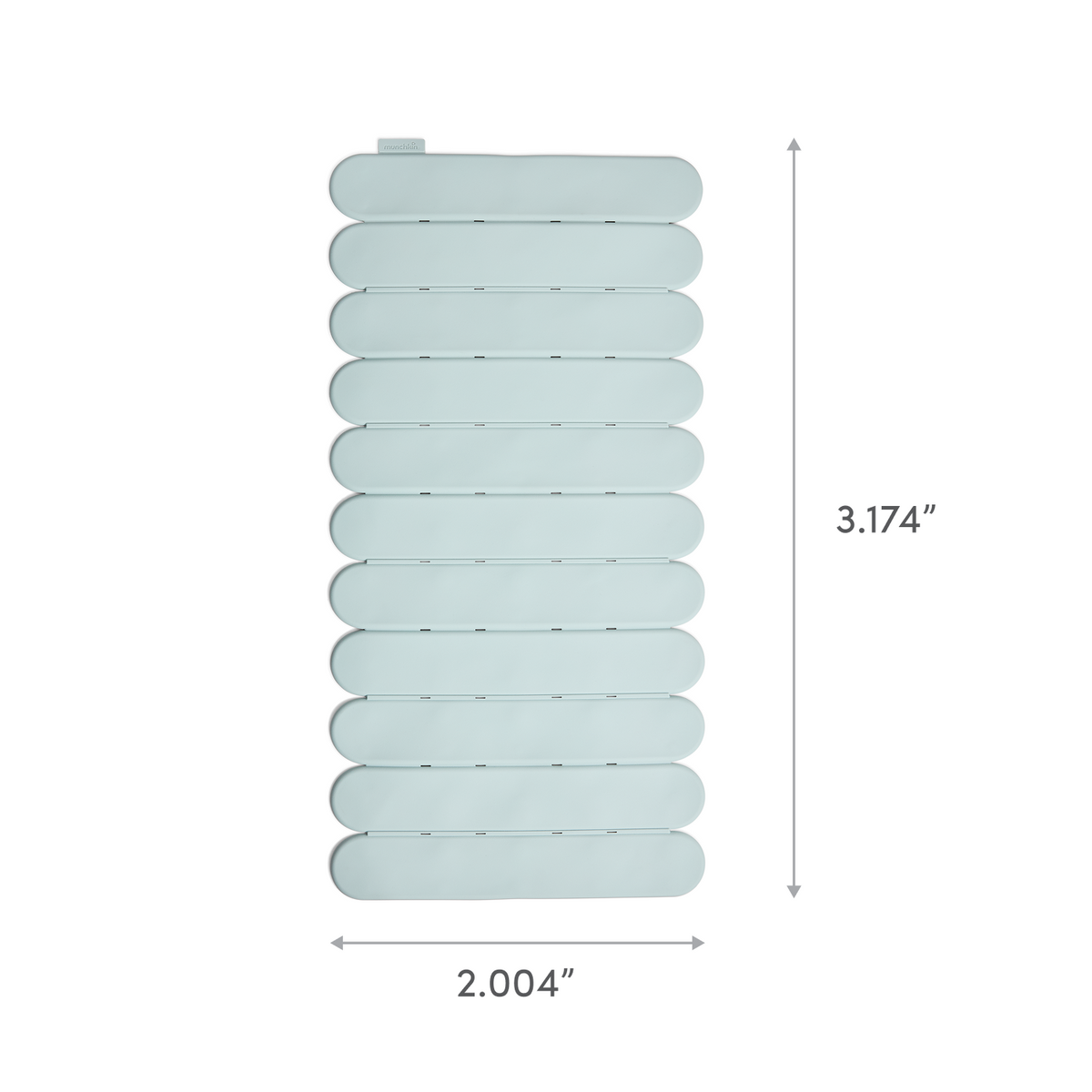 Folded mint green silicone travel mat shown flat with dimension labels 3.174 inches tall by 2.004 inches wide