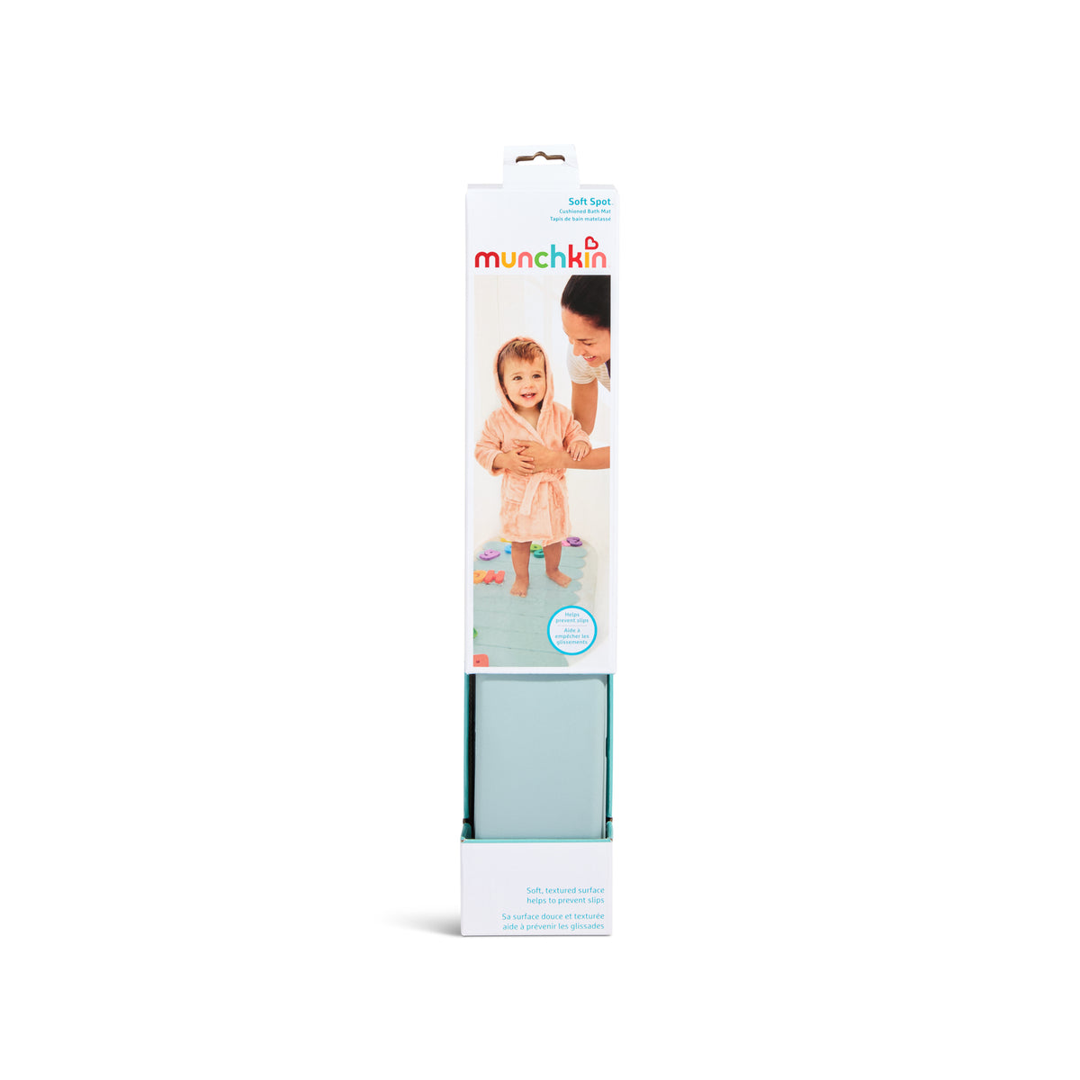 Cushioned bath mat in mint green in tall retail packaging showing a toddler in a robe with a parent