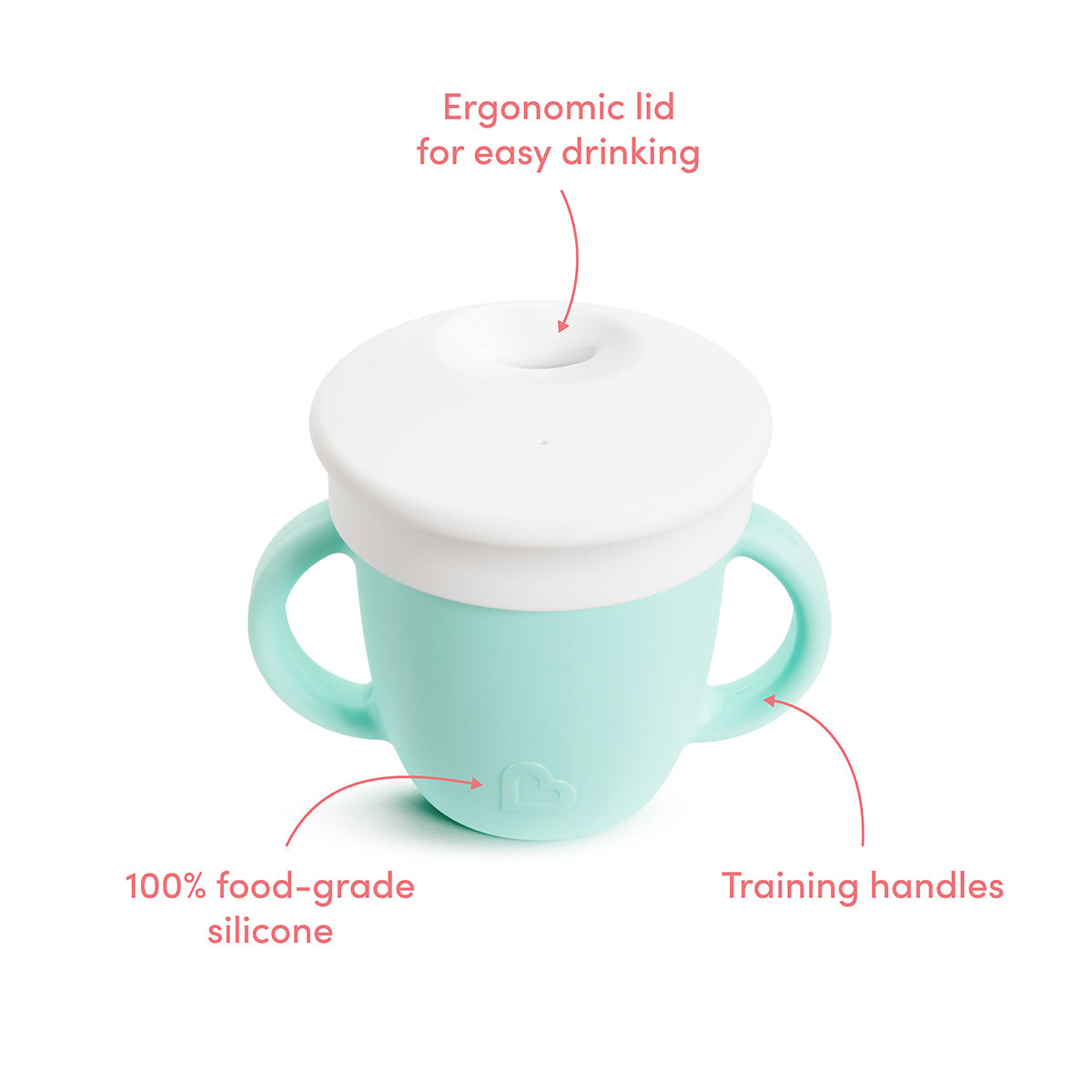 Diagram of C'est Silicone 6oz Trainer Cup pointing out ergonomic lid for easy drinking, training handles, and 100% food-grade silicone.