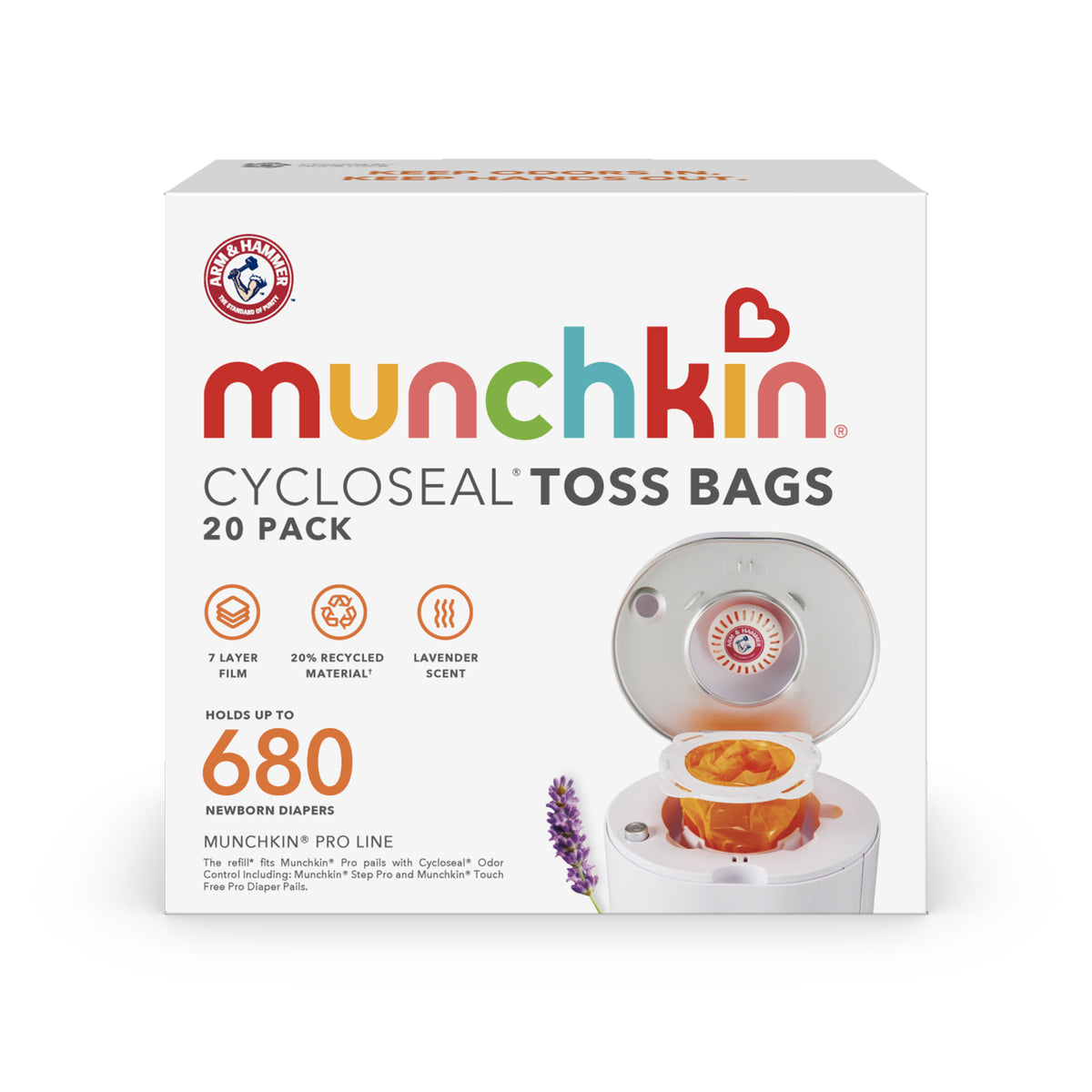 Munchkin Cycloseal Toss Bags 20-pack box showing a white diaper pail with orange bag and lavender sprig