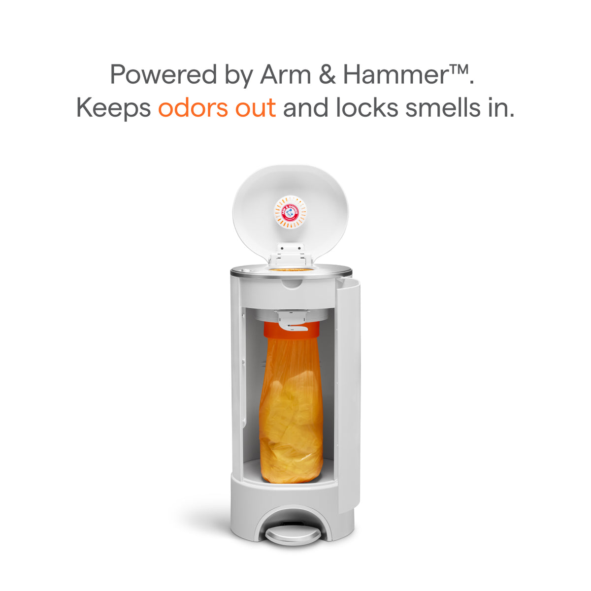 White step-open diaper pail with lid raised and side door open showing orange refill bag inside