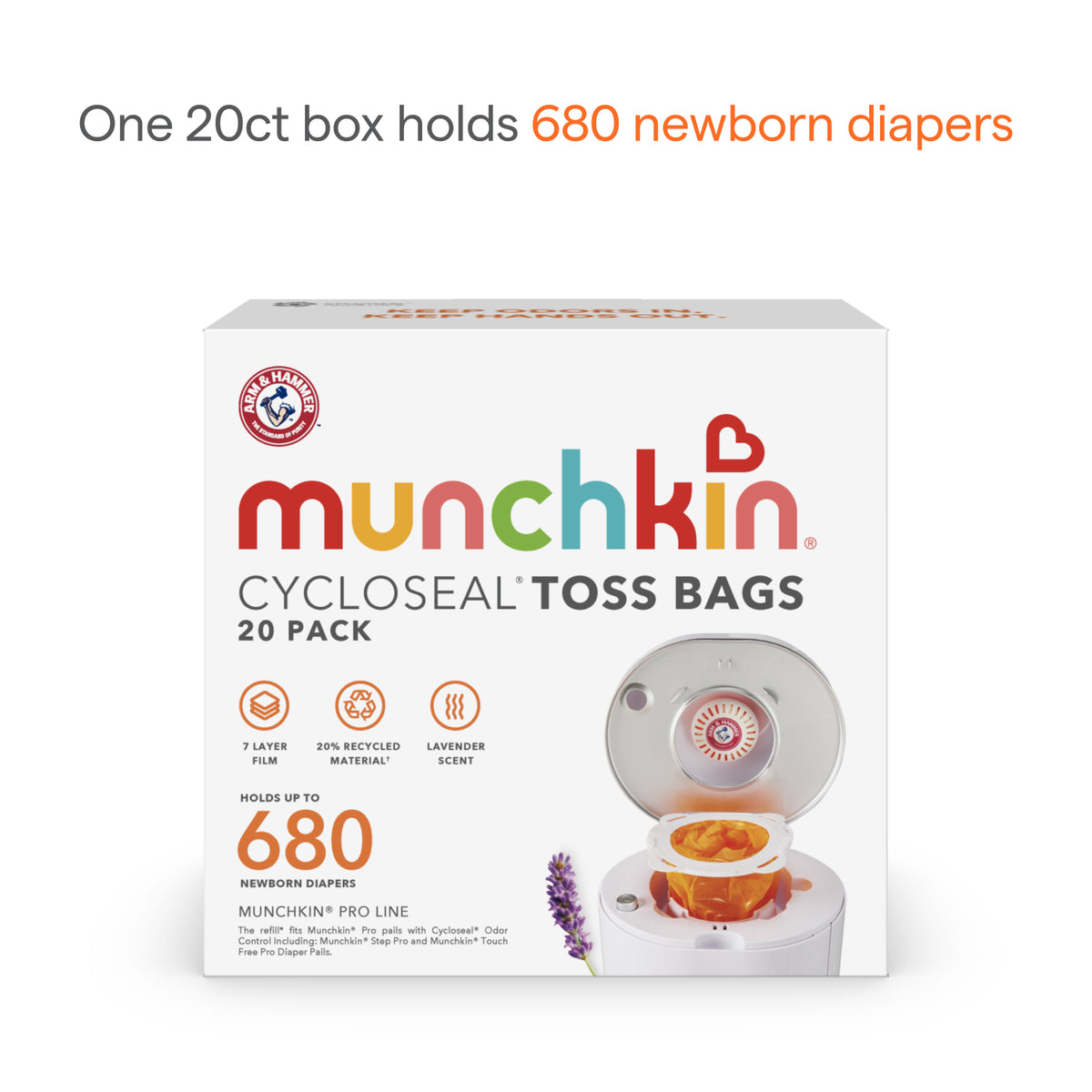 20-pack diaper pail toss bags box with text One 20ct box holds 680 newborn diapers, showing white pail and lavender
sprig