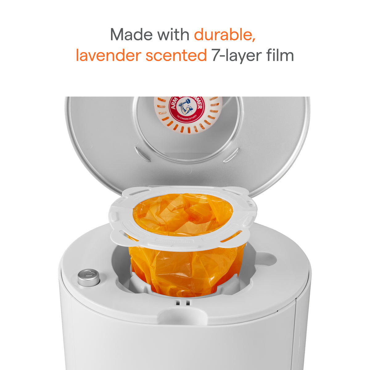 White diaper pail with lid open showing orange refill film liner and baking soda deodorizer disc inside
Alt text: White diaper pail with lid open showing orange refill film liner and baking soda deodorizer disc inside