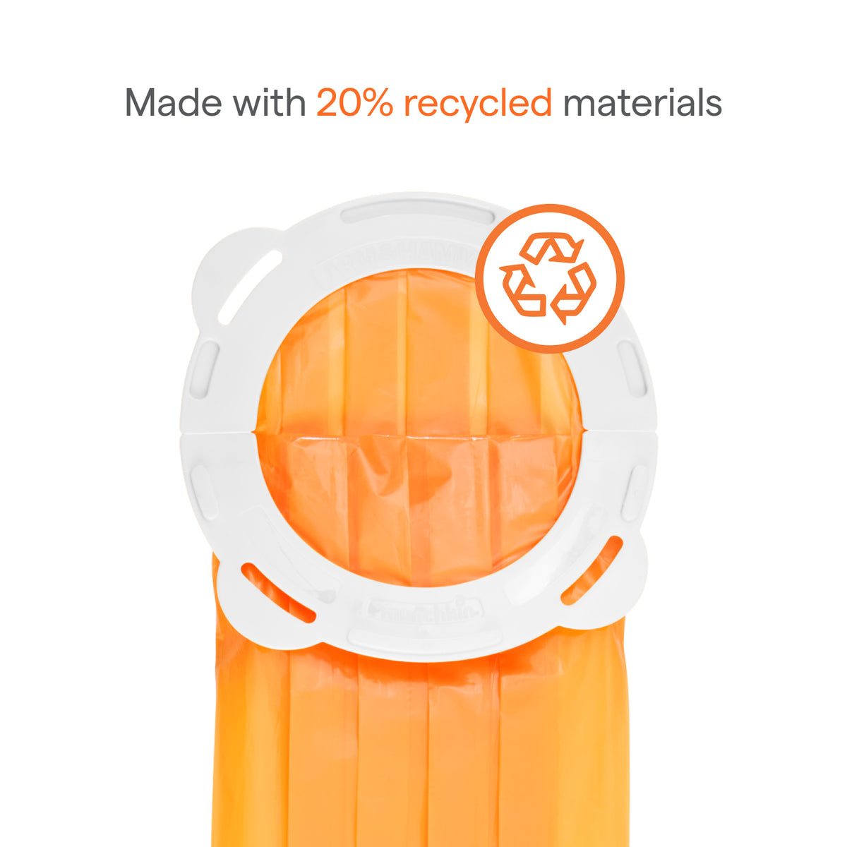Orange diaper pail refill bag in white plastic ring with recycling icon and text "Made with 20% recycled materials"