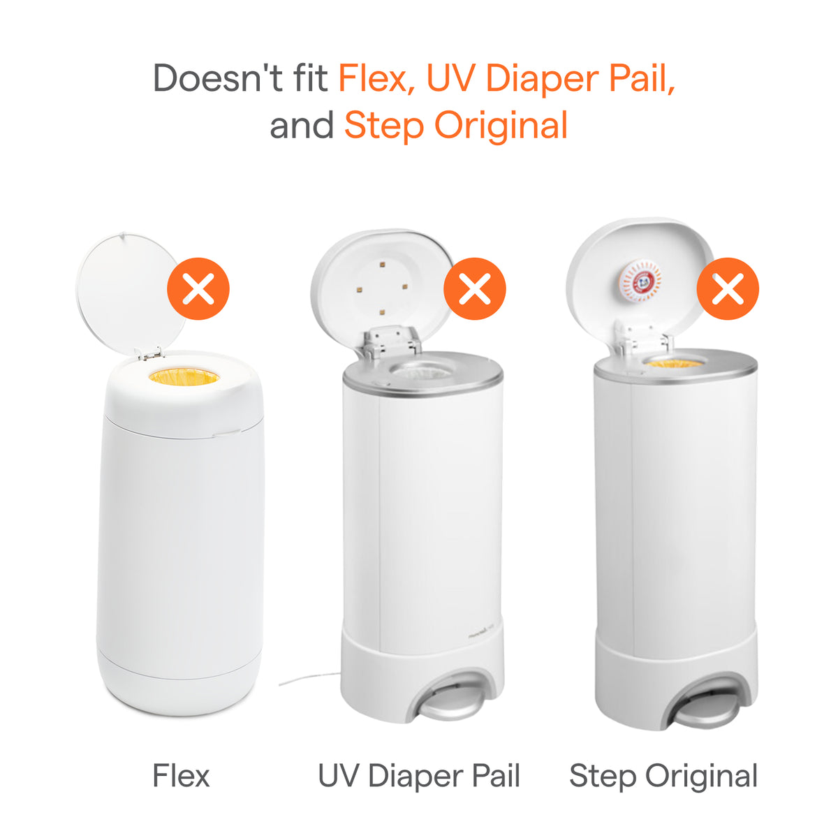Compatibility chart with orange X marks over three white diaper pails: Flex, UV Diaper Pail and Step Original