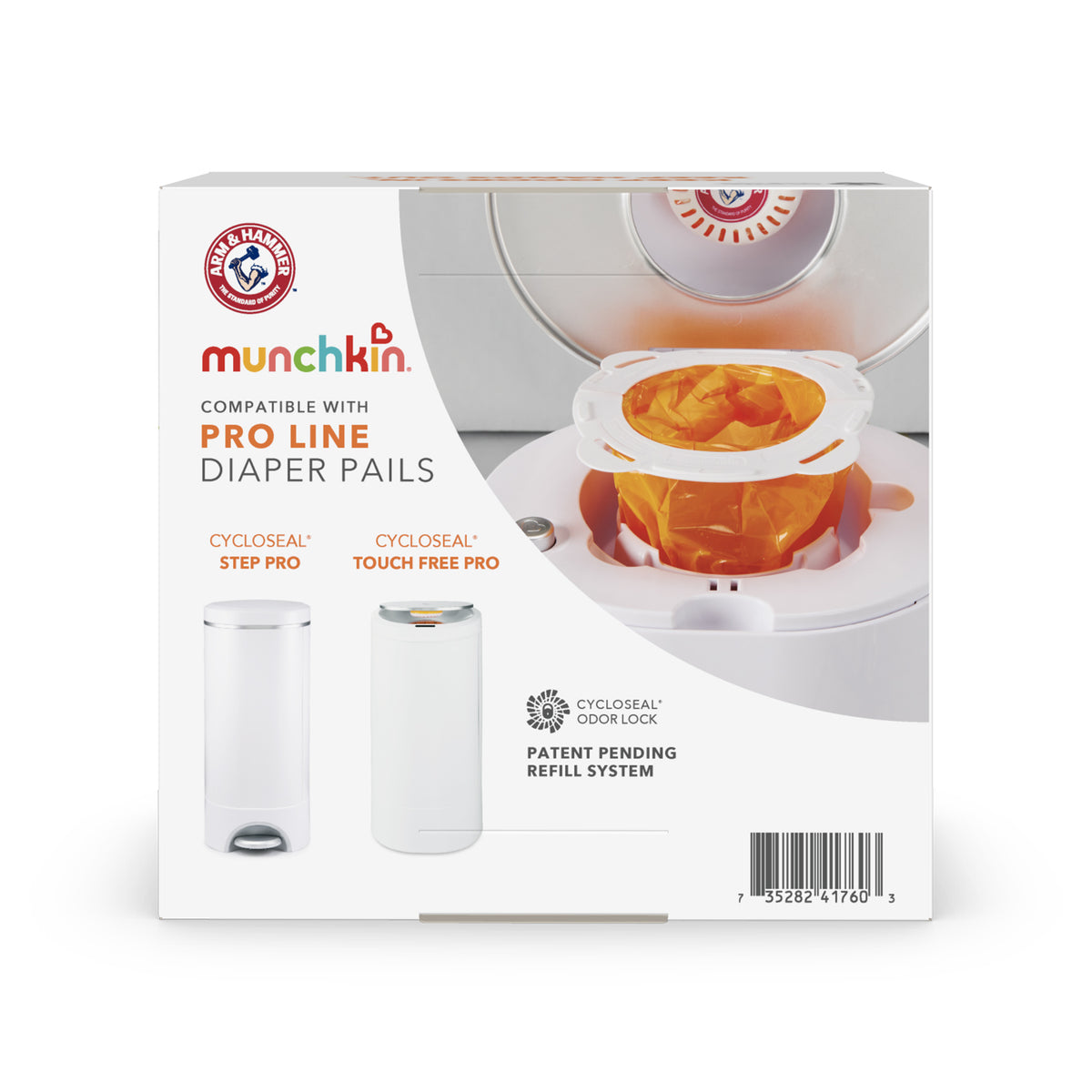 Diaper pail refill box showing orange bag liner installed in a white pail and two compatible pail models