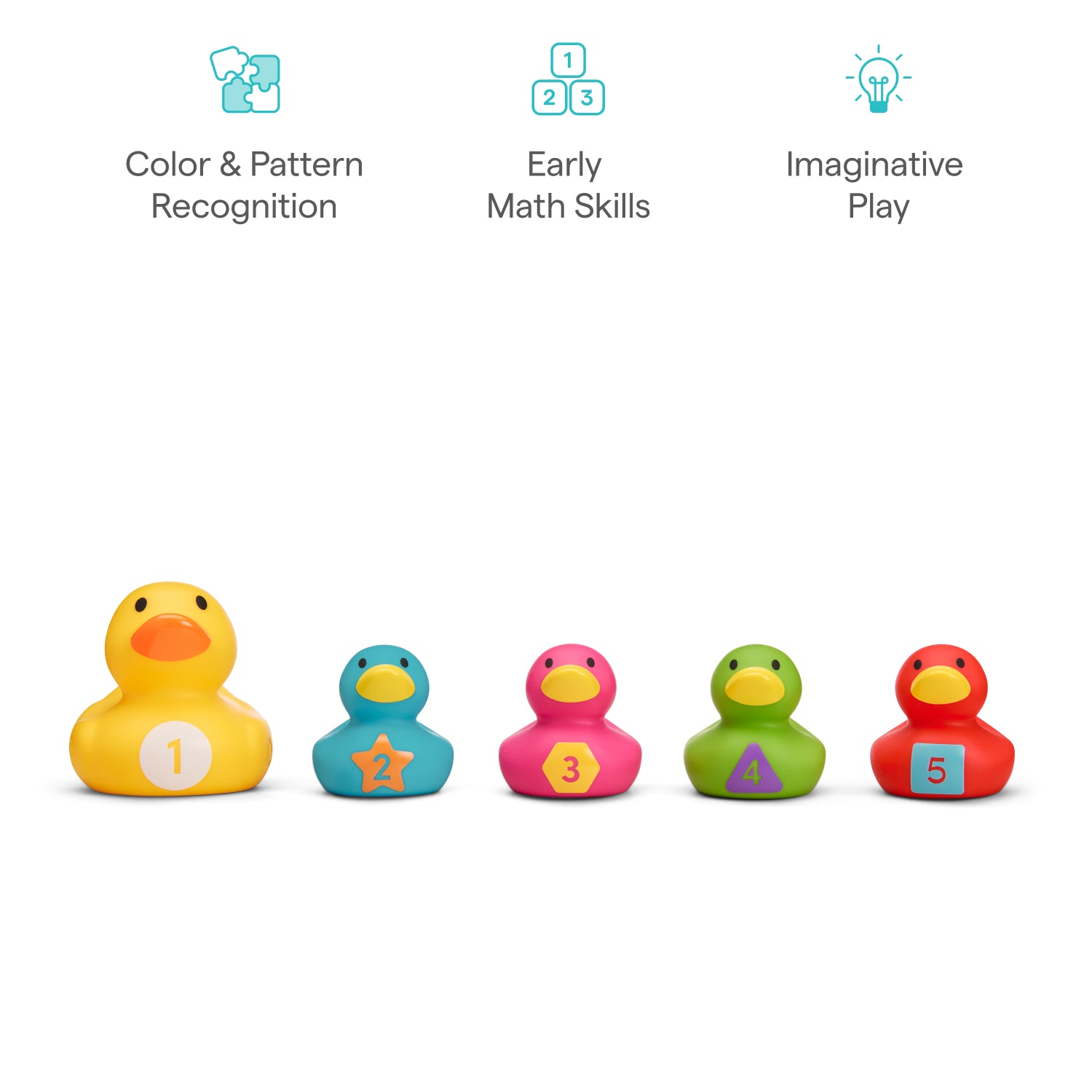 Munchkin US UAT’s Count Quack Bath Duckies feature five numbered, colorful ducks in different sizes. Above, icons highlight benefits like color recognition, early math skills, and imaginative play.