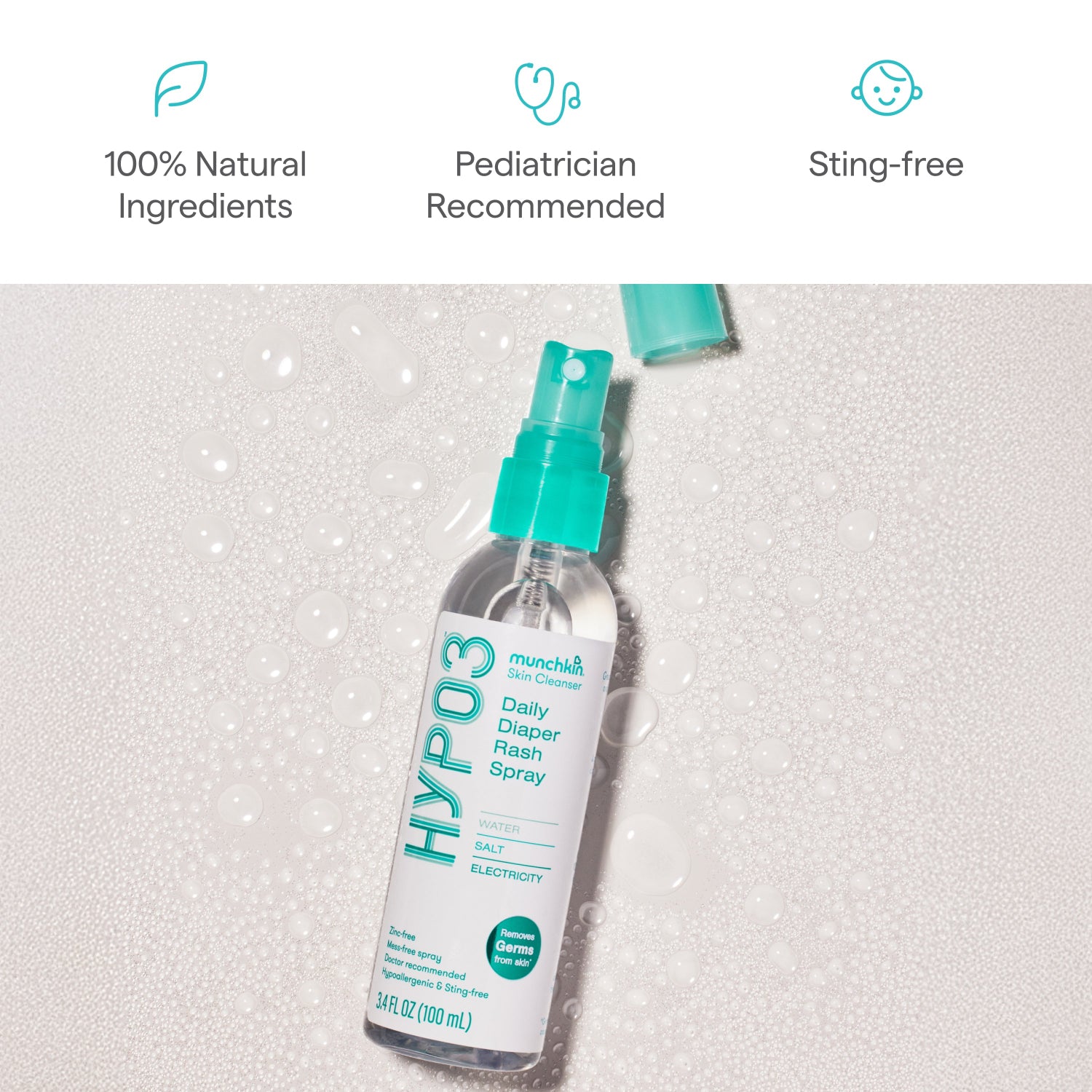 Bottle of Munchkin Hypo3 Daily Diaper Rash Spray with text highlighting features on a light gray background.
