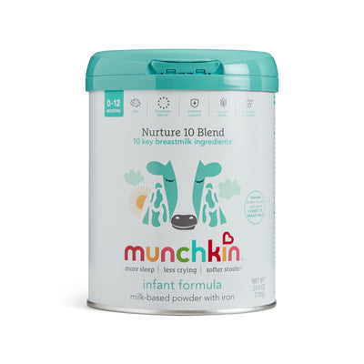 A white and teal container of Munchkin US UAT Infant Formula Original 25.8 oz/730g, milk-based with iron for ages 0-12 months, features a cow illustration.