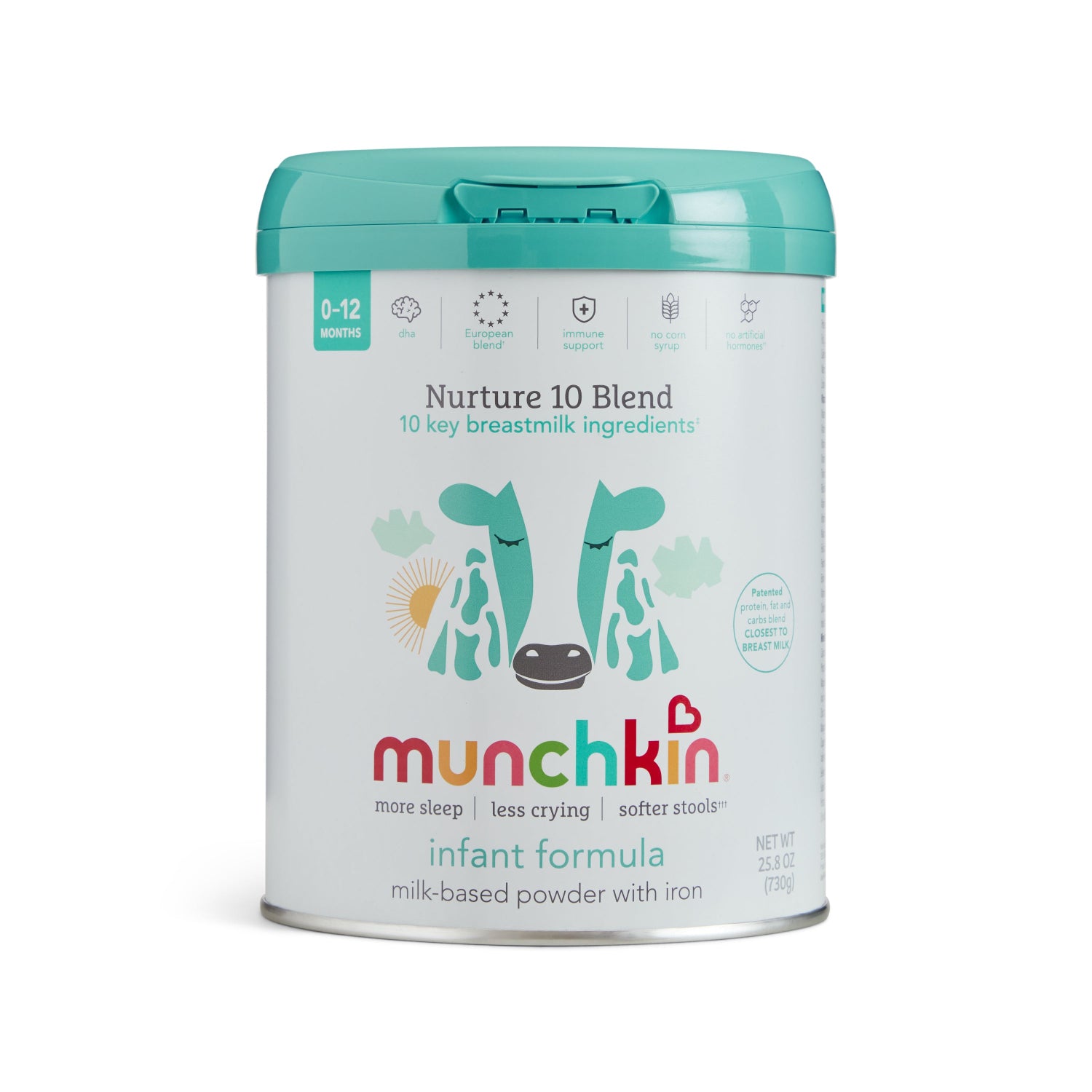 A white and teal container of Munchkin US UAT Infant Formula Original 25.8 oz/730g, milk-based with iron for ages 0-12 months, features a cow illustration.