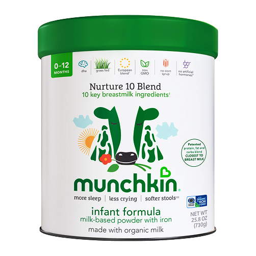 A 25.8 oz 730g container of Munchkin US UAT Infant Formula Organic, milk-based with iron and organic ingredients, green lid, cow graphic, for ages 0-12 months.