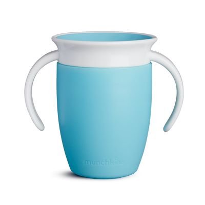 Munchkin teal 7oz toddler trainer cup with 360-degree spill-proof rim and two handles