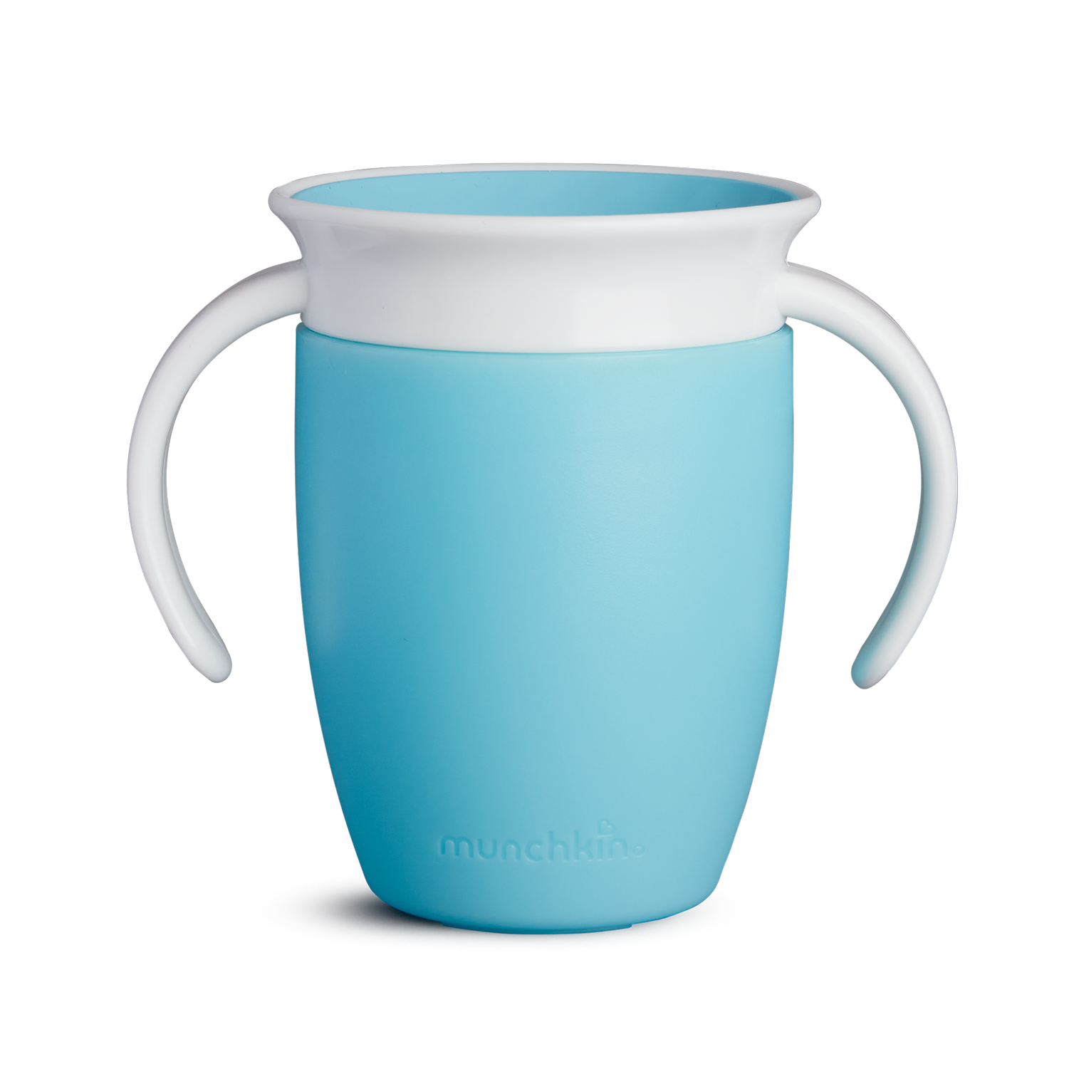 Munchkin teal 7oz toddler trainer cup with 360-degree spill-proof rim and two handles
