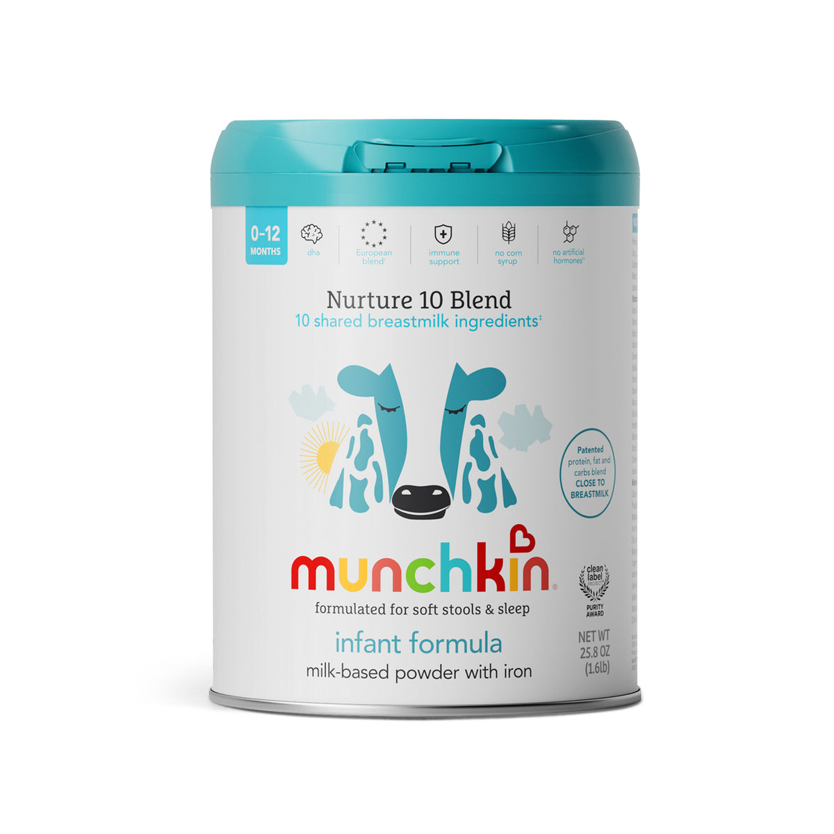 Munchkin infant formula canister with teal lid, cow graphic, Nurture 10 Blend milk-based powder with iron, 25.8 oz
```