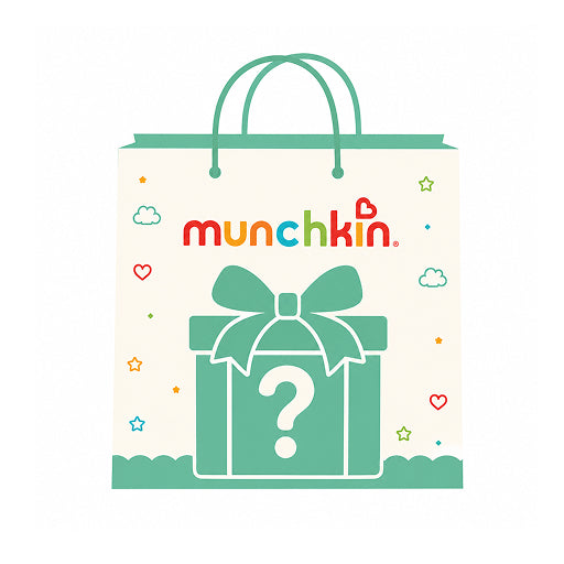 Illustrated cream and teal gift bag with Munchkin logo and mystery gift box with question mark