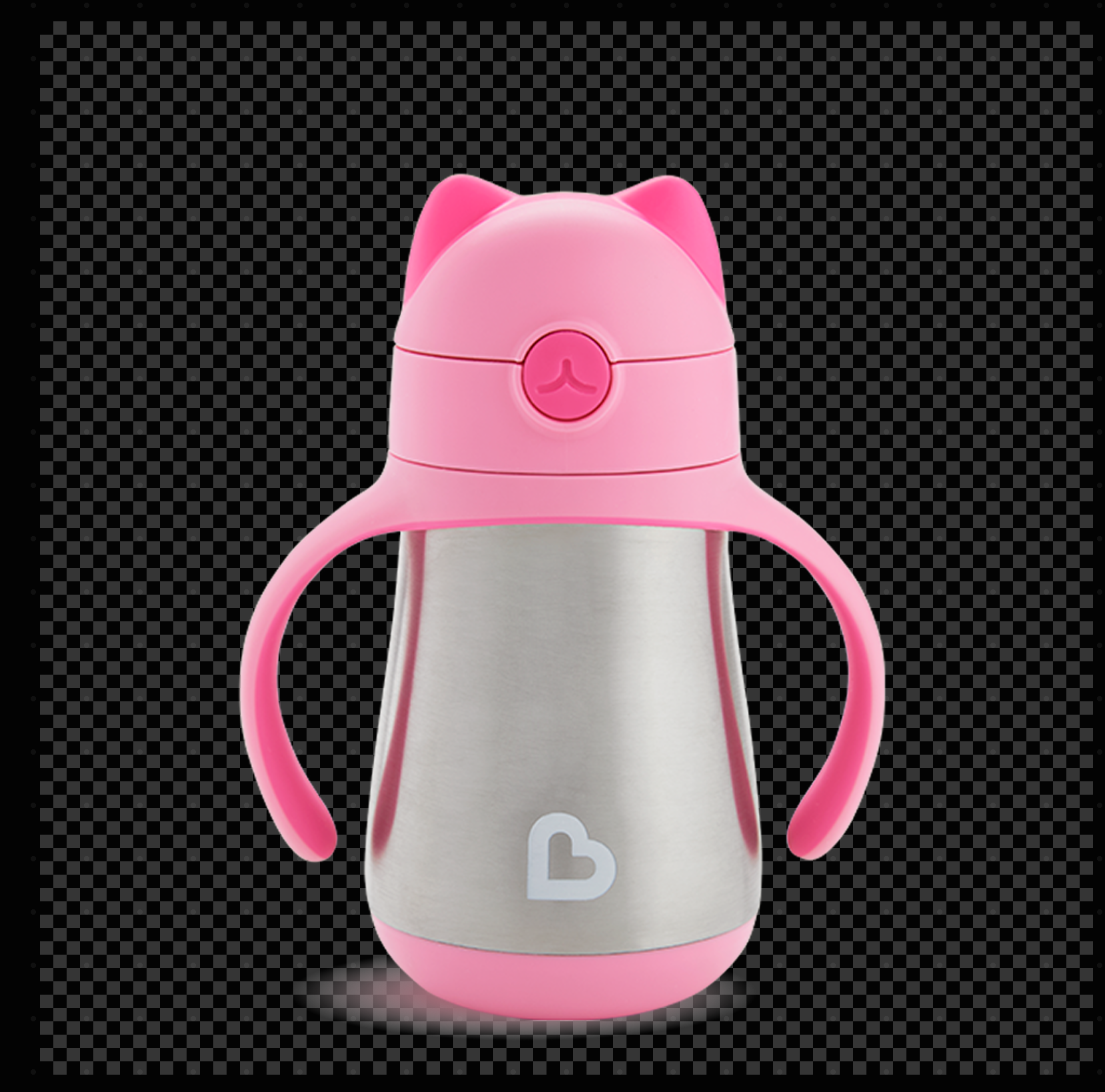 Pink stainless steel children's sippy cup with cat-ear lid straw and side handles